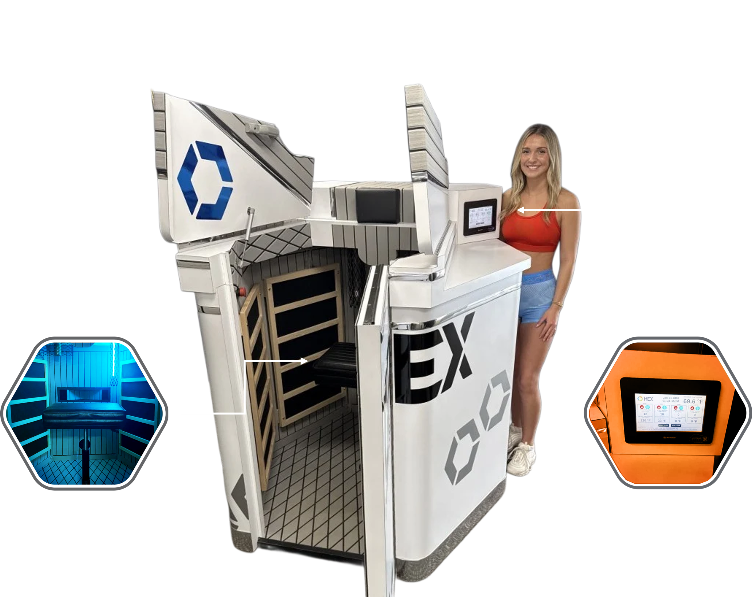 All-in-one contrast therapy sauna and cold plunge unit with labeled features